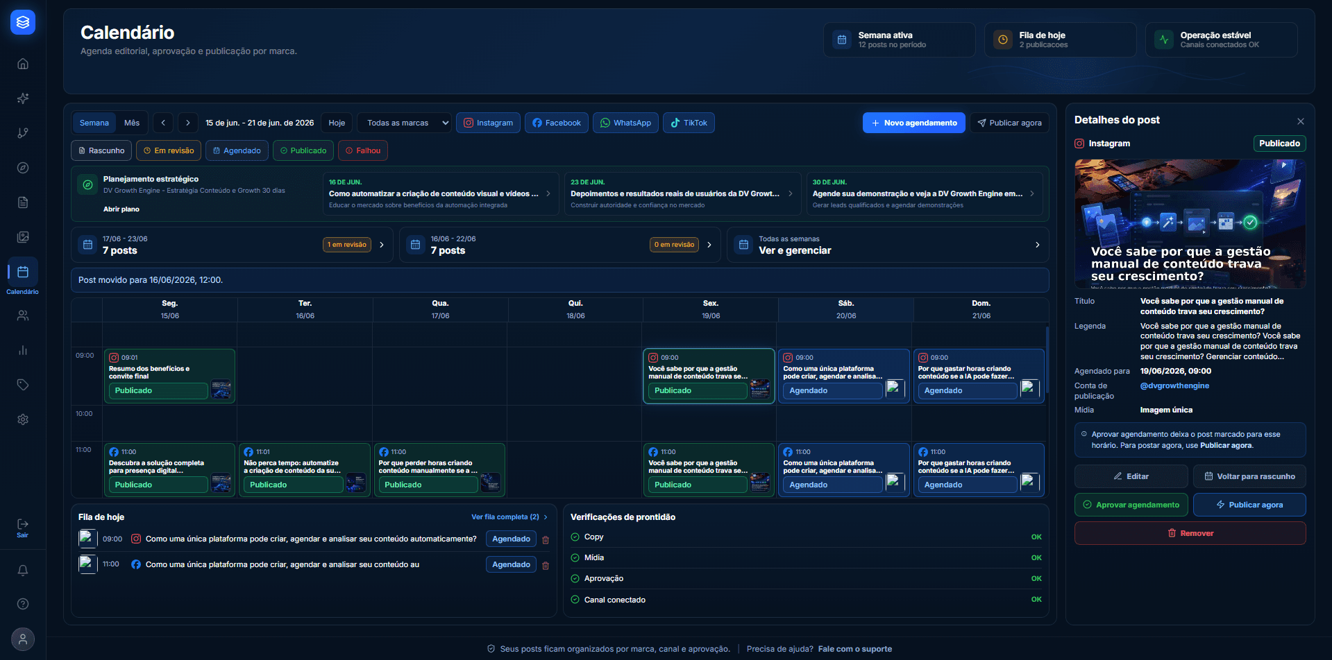 Calendario editorial da DV Growth Engine com publicacoes organizadas para Instagram e Facebook.